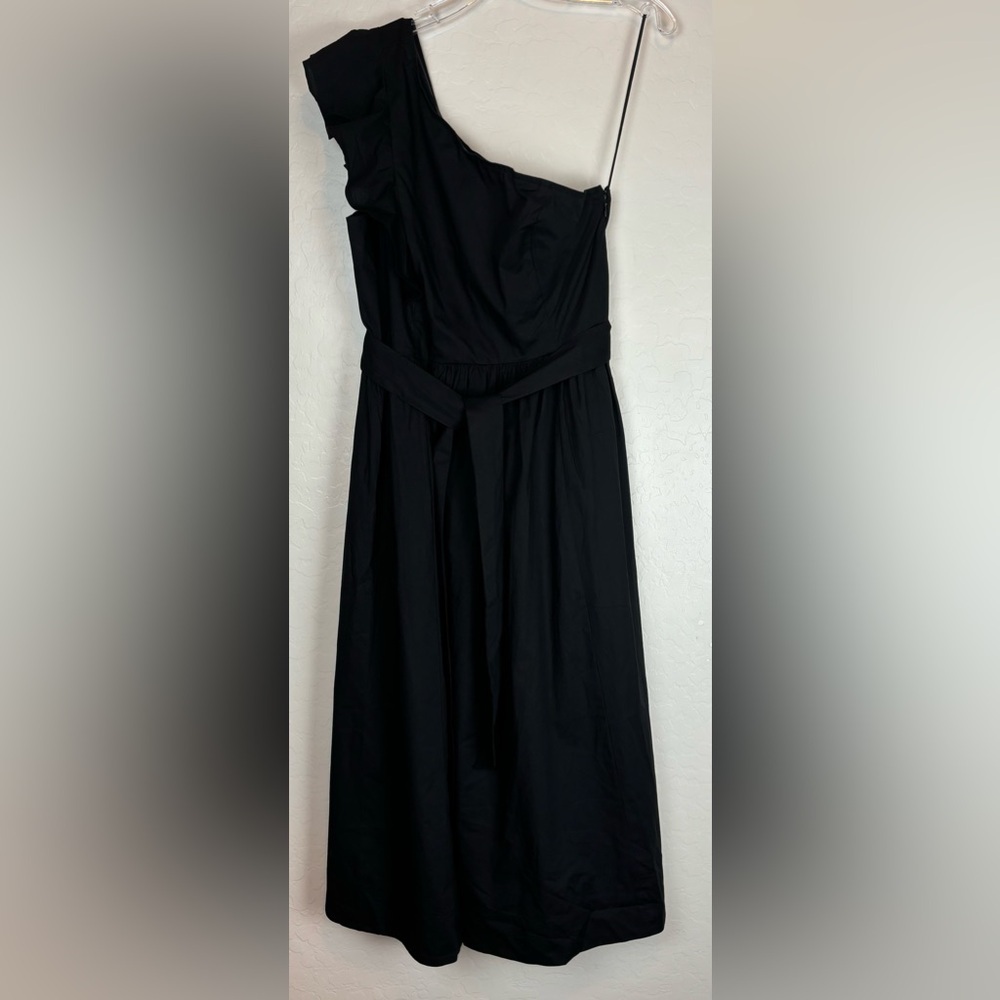 NEW‎ J.Crew One-Shoulder Ruffle Midi Dress Black Cotton Womens 12 0906